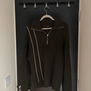REISS Deep Green Ribbed Half-Zip Knit Sweater | Modern Varsity Stripe | Size S